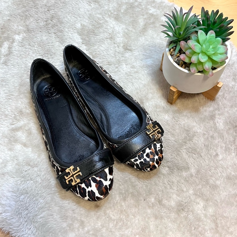 Tory Burch Black Leather & Leopard Ballet Flats with Gold Logo